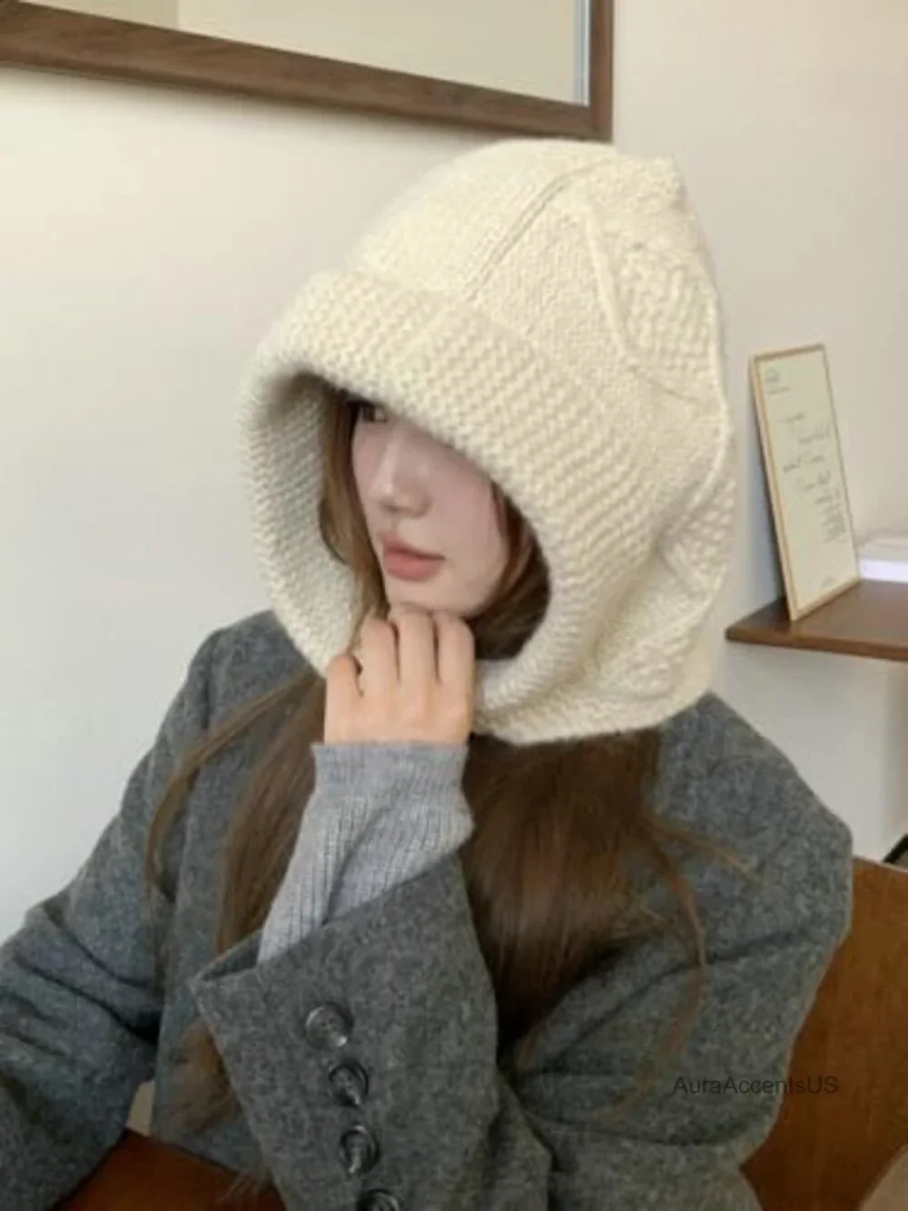 Women's Oversized Wool Knit Balaclava Hat Hooded Scarf Chunky Cable Knit Winter